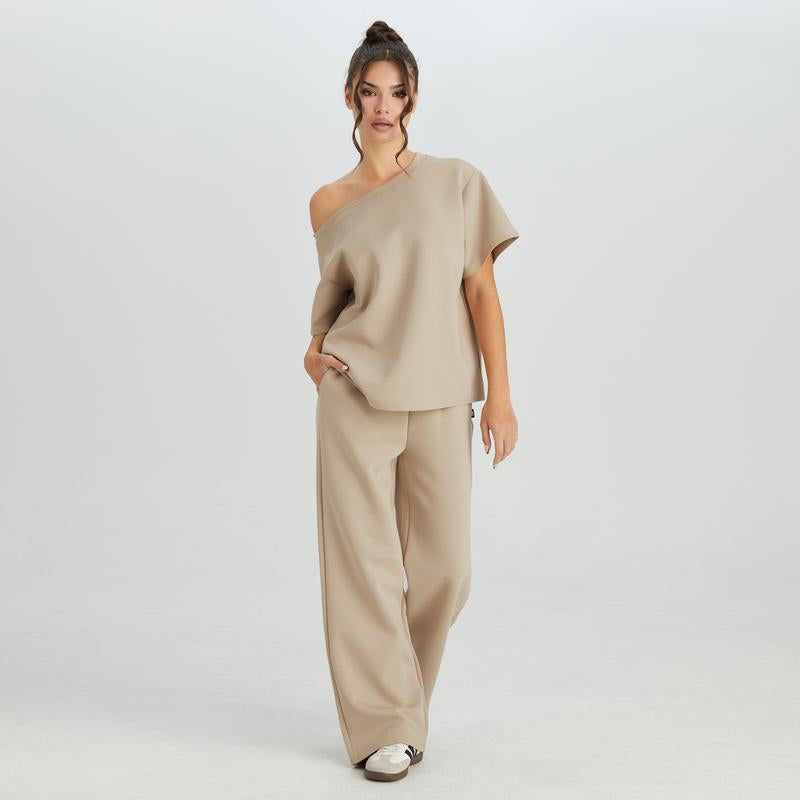 Katchme Women'S Leisure Solid Color Sloping Shoulder Short Sleeve Top & Drawstring Waist Wide Leg Trousers Co-Ord, Minimalist Two Piece Outfits Womenswear