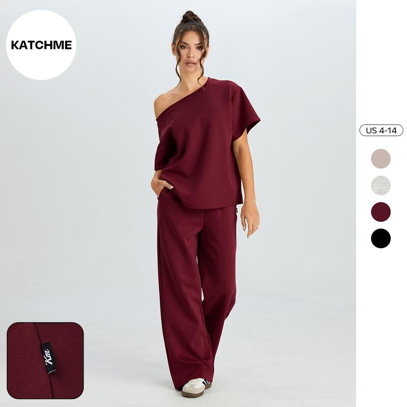 Katchme Women'S Leisure Solid Color Sloping Shoulder Short Sleeve Top & Drawstring Waist Wide Leg Trousers Co-Ord, Minimalist Two Piece Outfits Womenswear