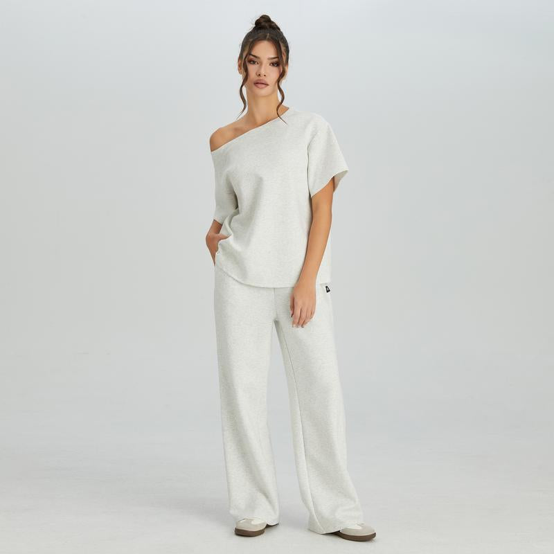 Katchme Women'S Leisure Solid Color Sloping Shoulder Short Sleeve Top & Drawstring Waist Wide Leg Trousers Co-Ord, Minimalist Two Piece Outfits Womenswear