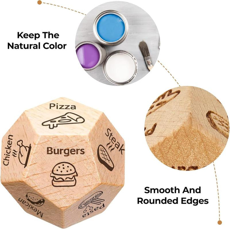 Date Night Food Dice for Couples - Wooden Decision Dice with 12 Food Choices - Perfect for Valentine'S Day, Anniversary, Christmas, and Birthday Gifts - Funny and Durable Gift for Him and Her