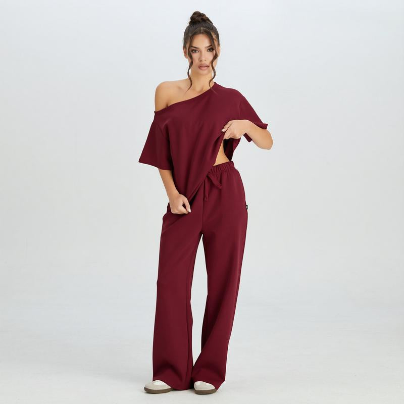 Katchme Women'S Leisure Solid Color Sloping Shoulder Short Sleeve Top & Drawstring Waist Wide Leg Trousers Co-Ord, Minimalist Two Piece Outfits Womenswear