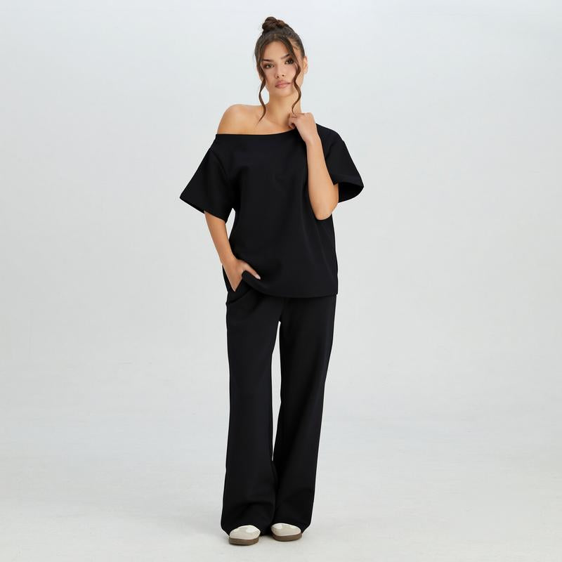 Katchme Women'S Leisure Solid Color Sloping Shoulder Short Sleeve Top & Drawstring Waist Wide Leg Trousers Co-Ord, Minimalist Two Piece Outfits Womenswear