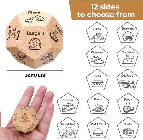 Date Night Food Dice for Couples - Wooden Decision Dice with 12 Food Choices - Perfect for Valentine'S Day, Anniversary, Christmas, and Birthday Gifts - Funny and Durable Gift for Him and Her